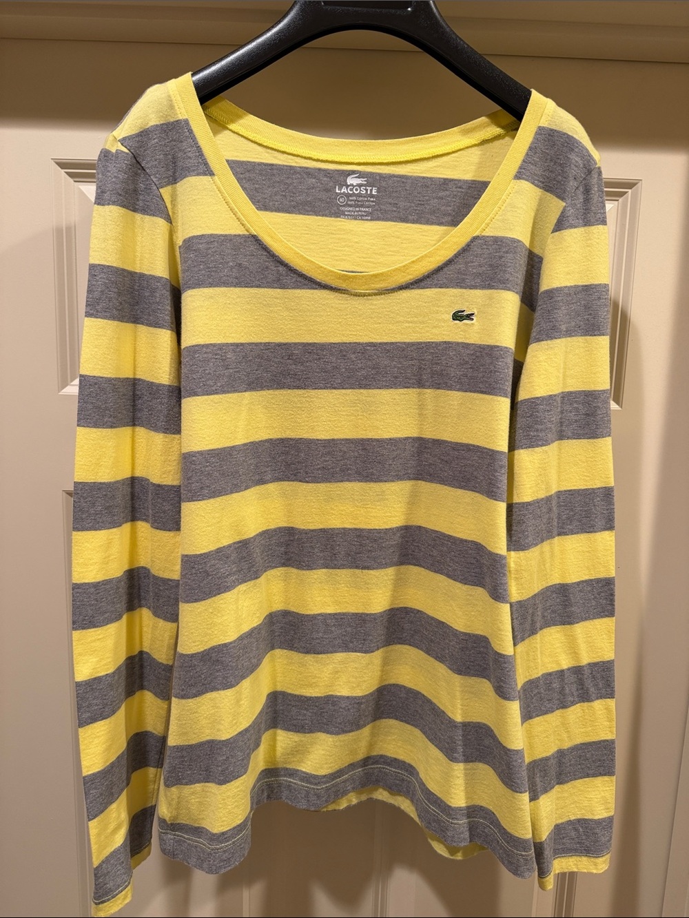 Lacoste Women’s Yellow and Gray Striped Long Sleeve Scoop Neck Knit Logo Top 40